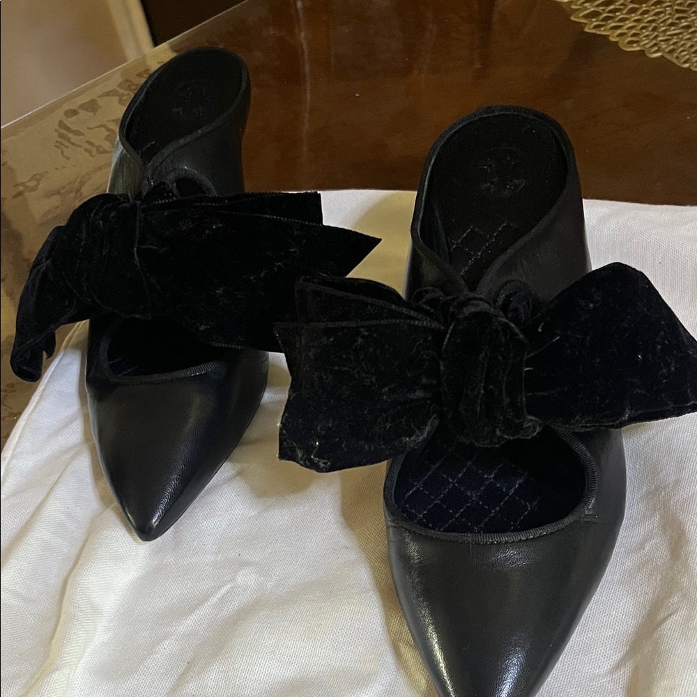 Tory Burch Black Mules with Velvet Bow